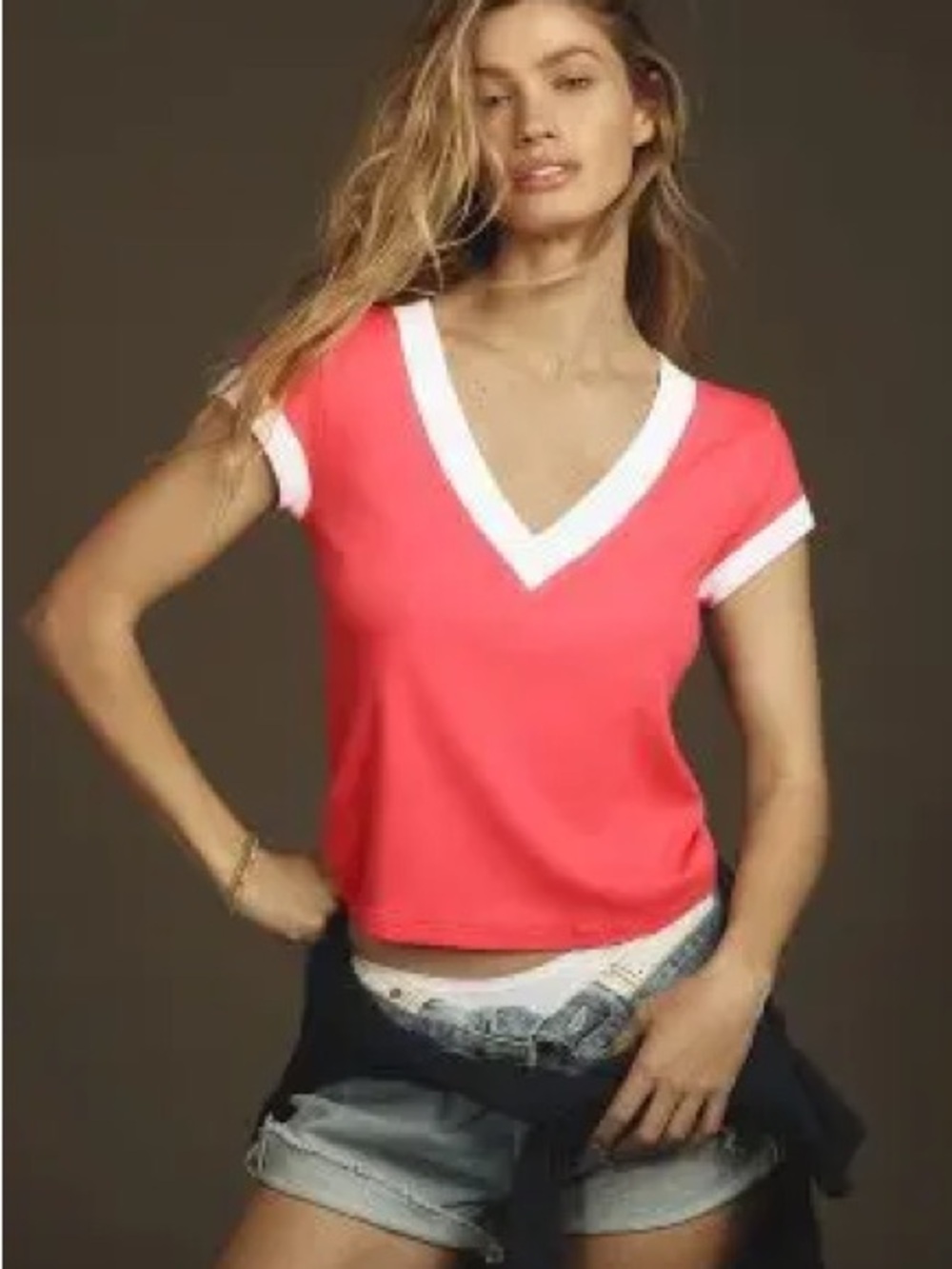 Anthropologie Coral V-Neck Short Sleeve Top with White Trim